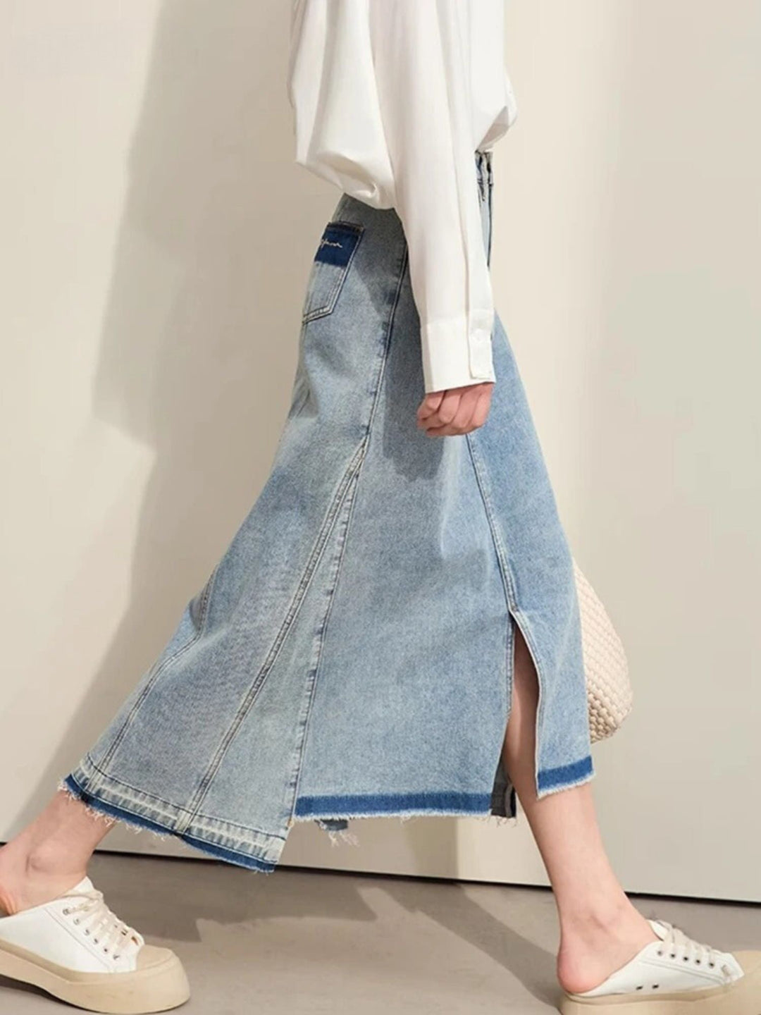 A-line denim skirt with ripped hem 0