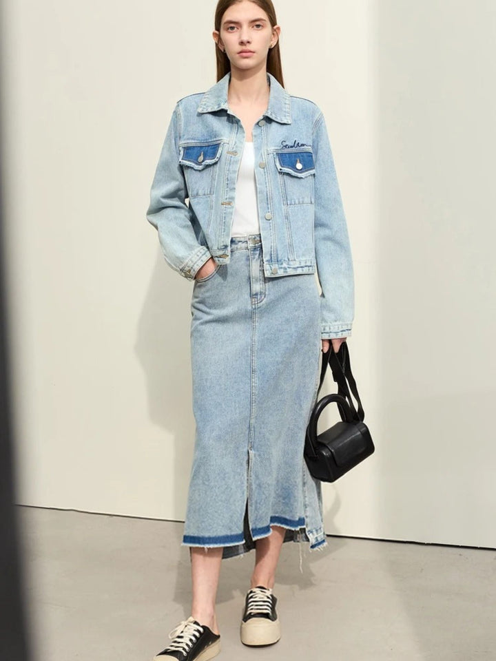 A-line denim skirt with ripped hem 1