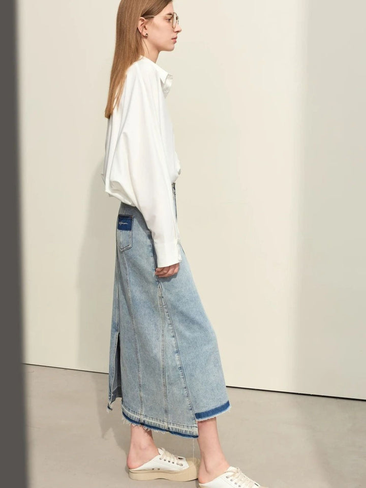 A-line denim skirt with ripped hem 2