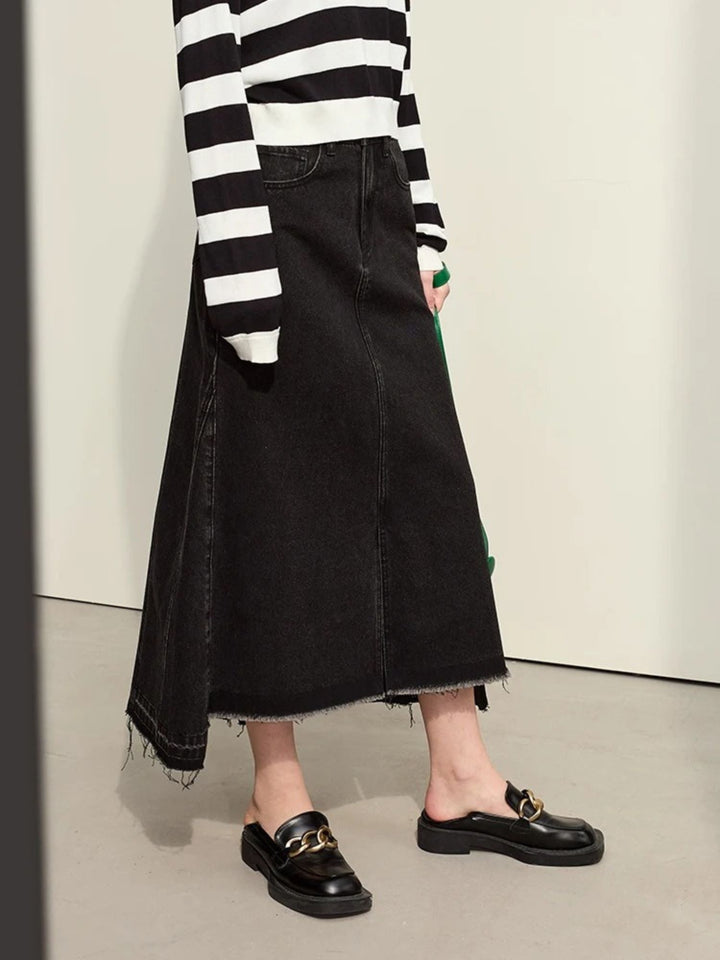 A-line denim skirt with ripped hem 6