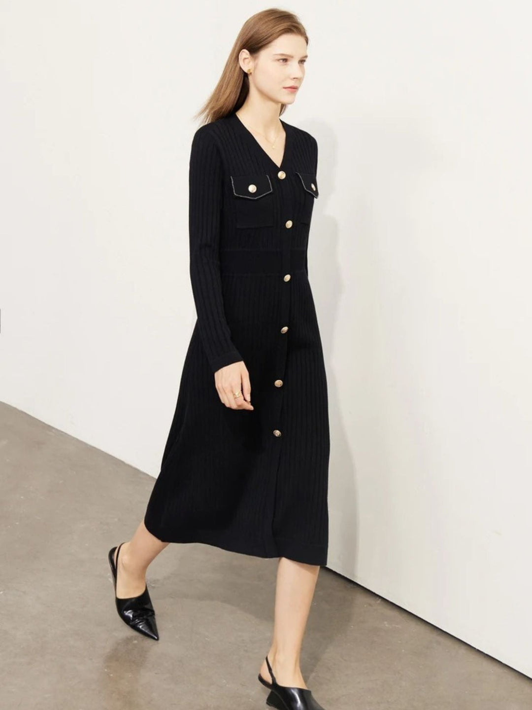 A-line knit dress with V-neck and button details 1