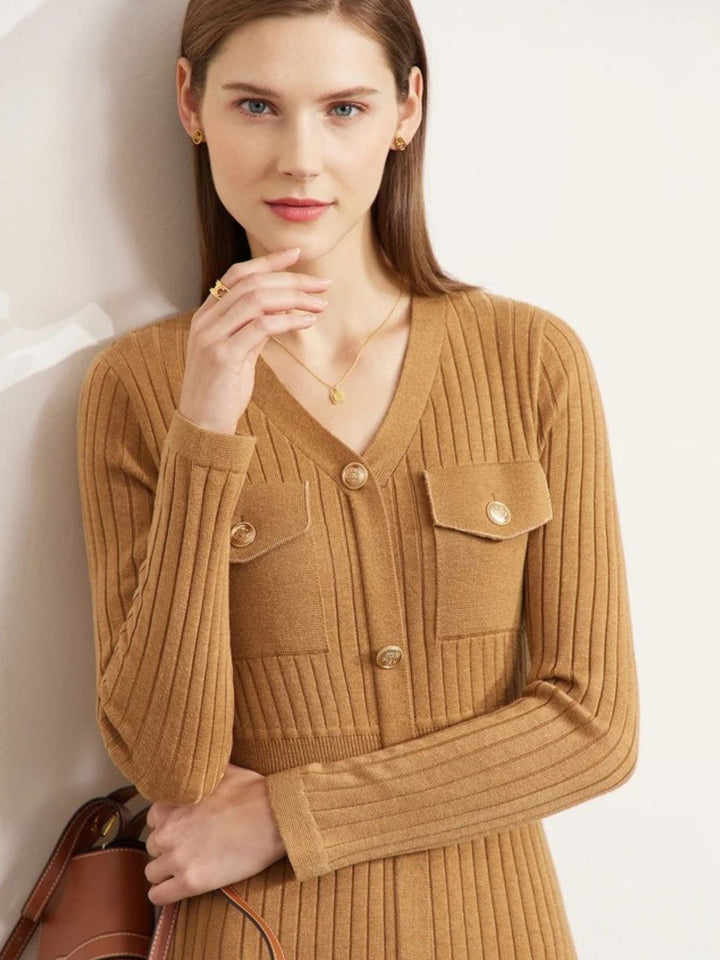 A-line knit dress with V-neck and button details 6
