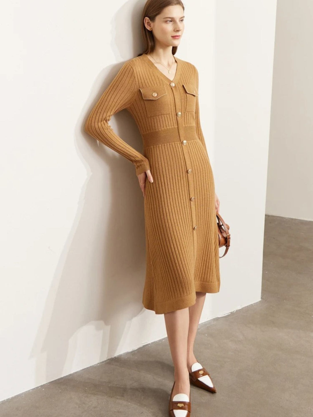 A-line knit dress with V-neck and button details 7