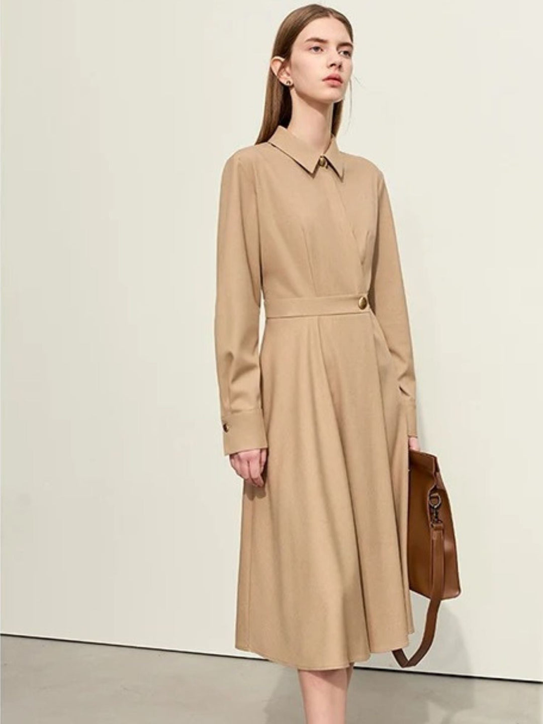 Asymmetric knee-length dress with metal buckle belt 0