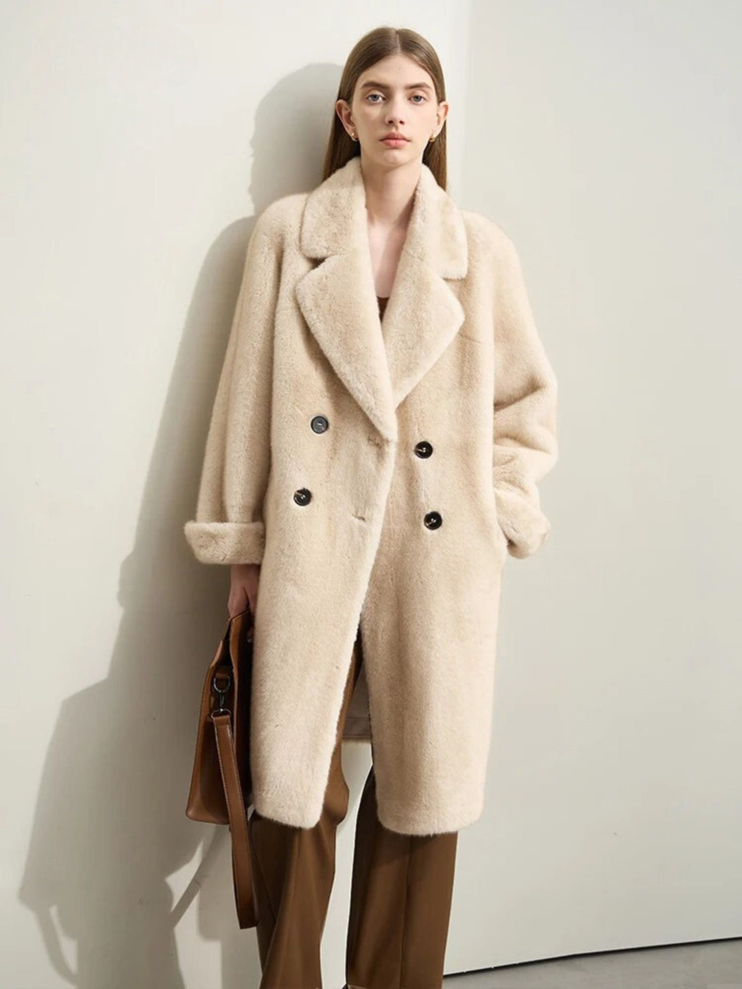 Faux fur double-breasted winter jacket with turn-down collar 0