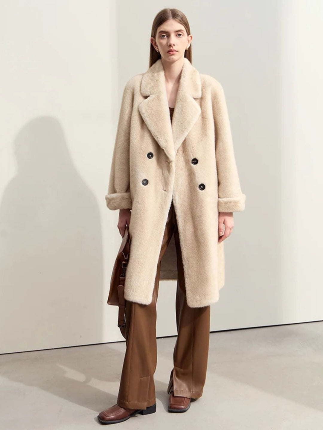 Faux fur double-breasted winter jacket with turn-down collar 1