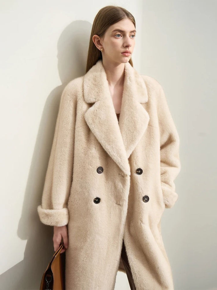 Faux fur double-breasted winter jacket with turn-down collar 2