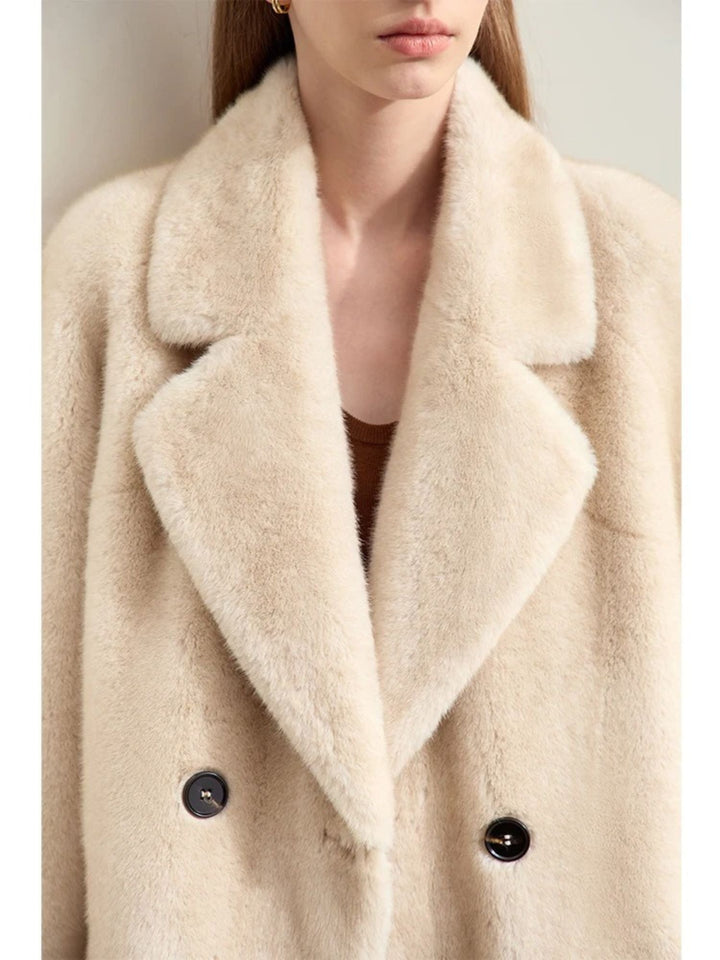Faux fur double-breasted winter jacket with turn-down collar 4