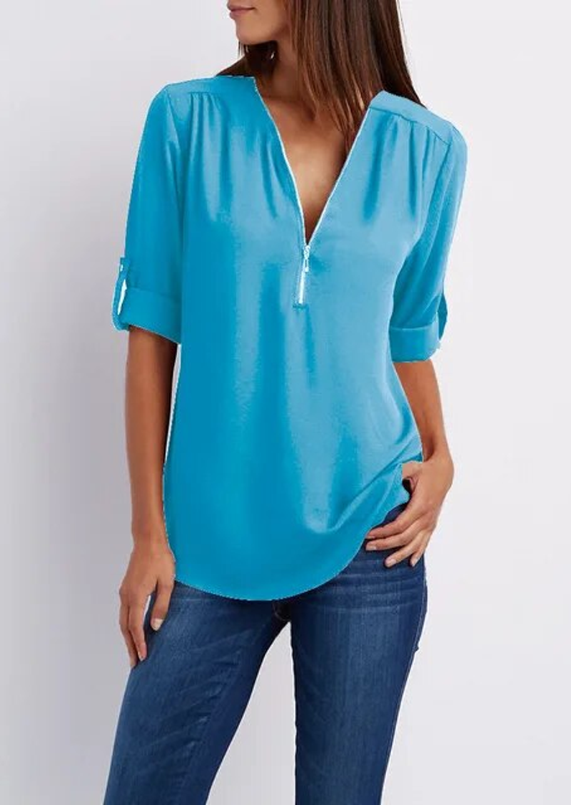 Kassidy | Blouse Elegant white blouse with zipper, high-quality cotton 11