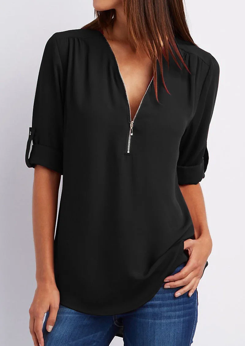 Kassidy | Blouse Elegant white blouse with zipper, high-quality cotton 7