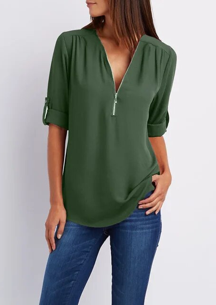 Kassidy | Blouse Elegant white blouse with zipper, high-quality cotton 8