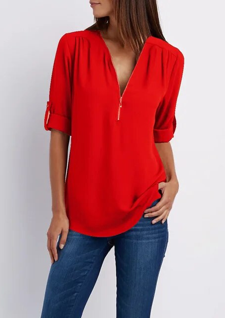 Kassidy | Blouse Elegant white blouse with zipper, high-quality cotton 9