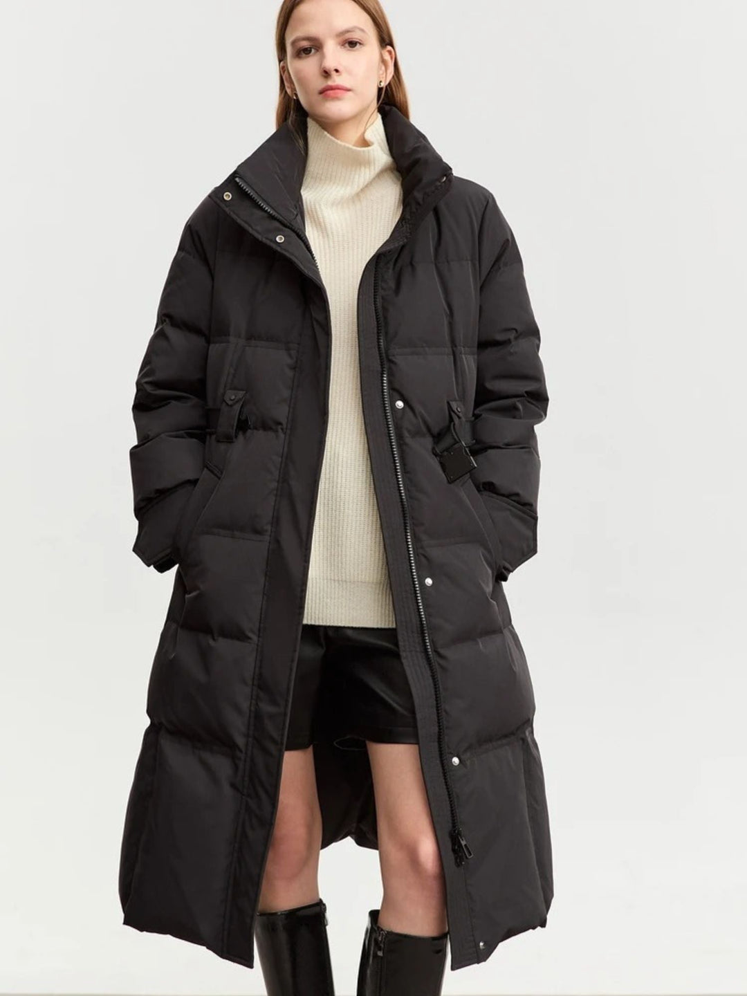 Long quilted down jacket with removable fur collar and adjustable belt 0