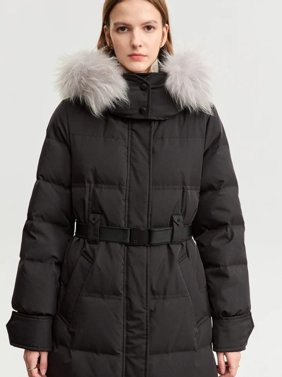 Long quilted down jacket with removable fur collar and adjustable belt 1