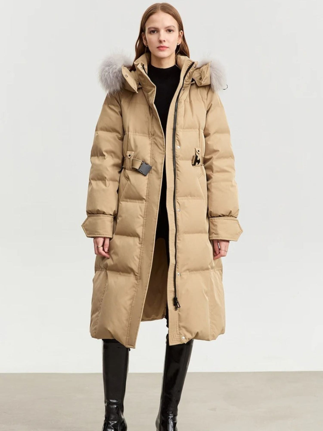 Long quilted down jacket with removable fur collar and adjustable belt 10