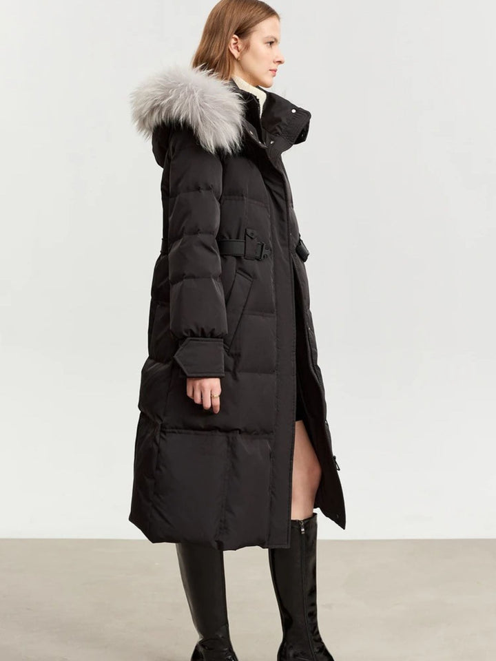 Long quilted down jacket with removable fur collar and adjustable belt 2