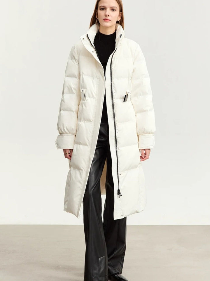 Long quilted down jacket with removable fur collar and adjustable belt 4