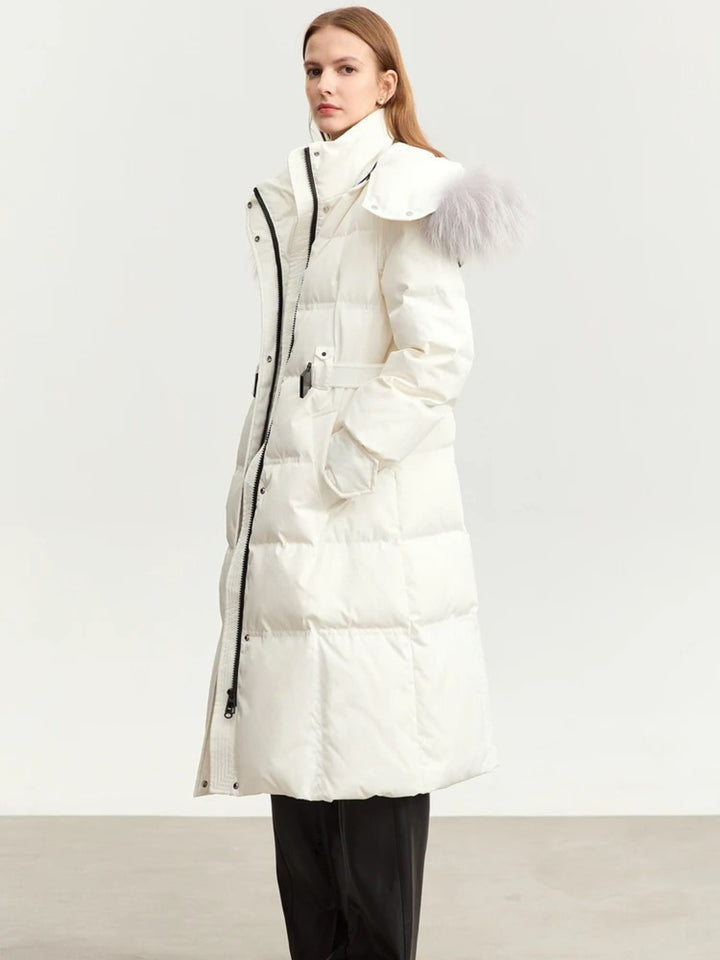 Long quilted down jacket with removable fur collar and adjustable belt 5