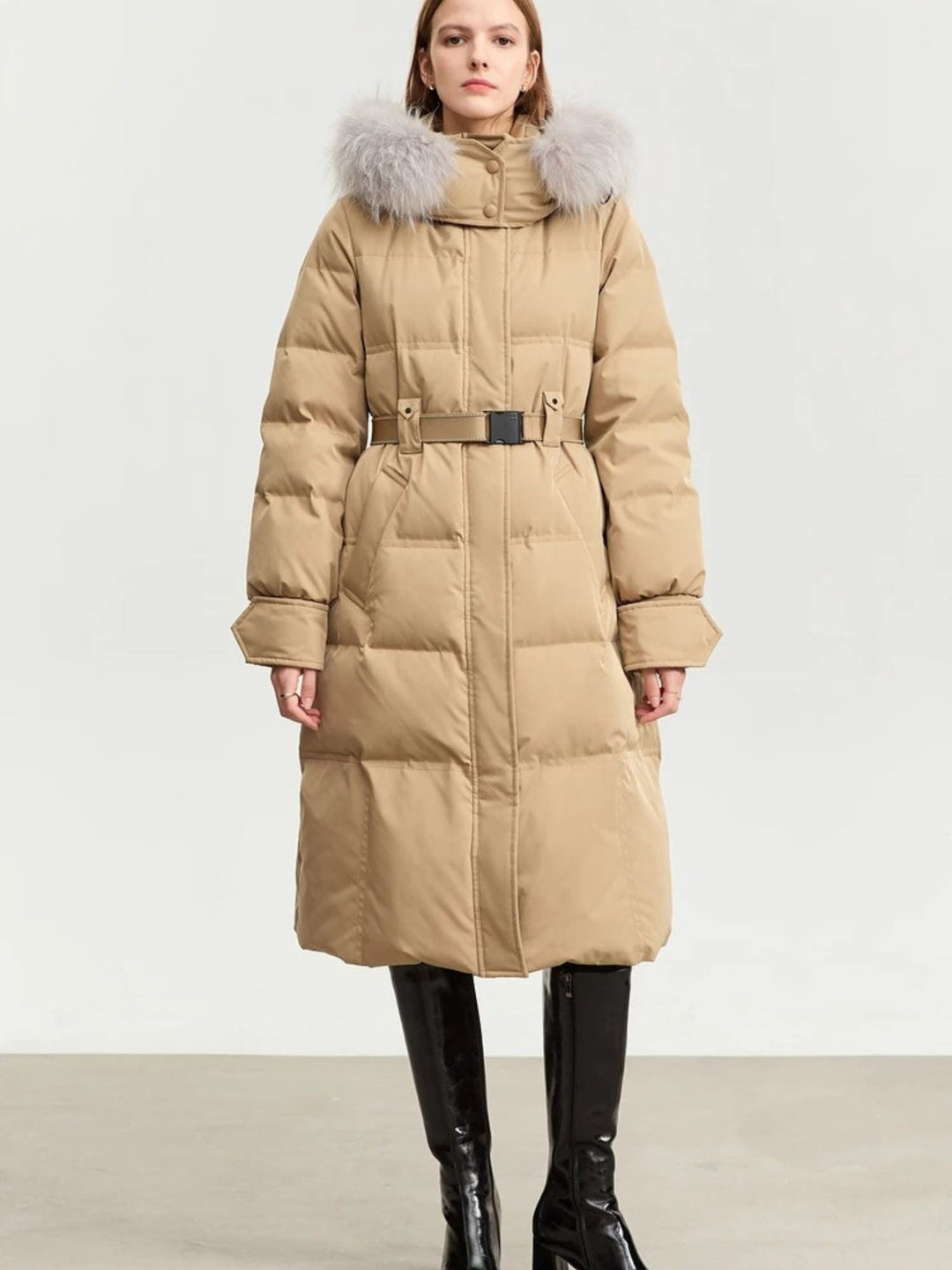 Long quilted down jacket with removable fur collar and adjustable belt 8