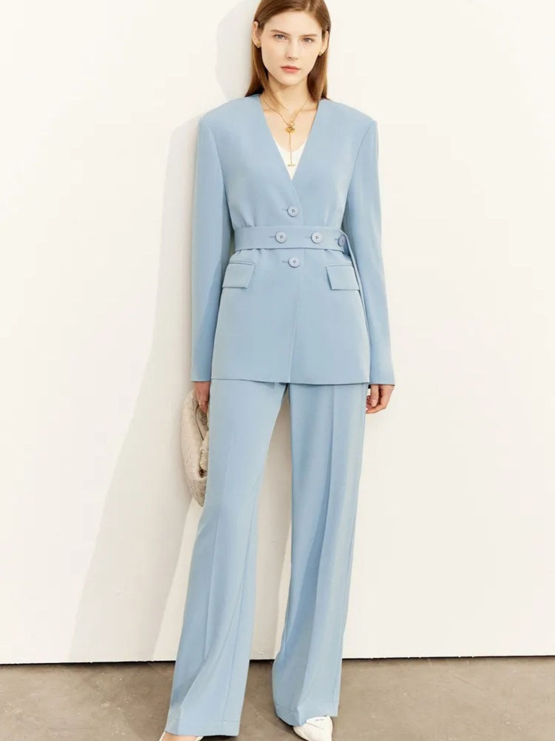 Minimalist V-neck blazer and wide-leg pants set 0