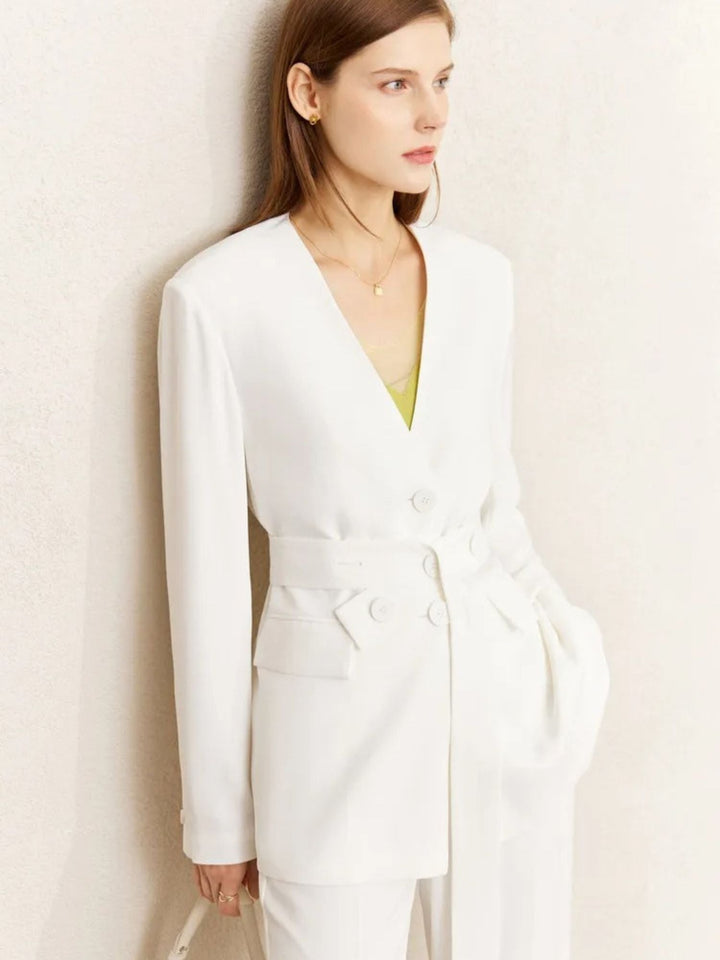 Minimalist V-neck blazer and wide-leg pants set 5