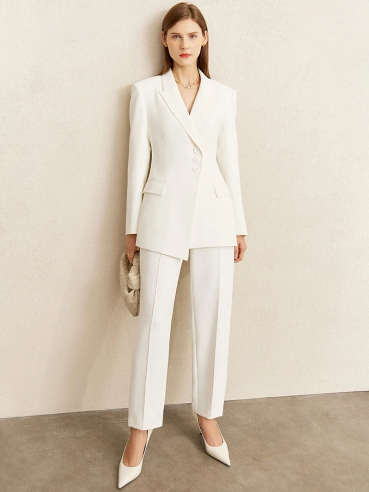 Minimalist blazer and high-waisted, tapered trousers set 9