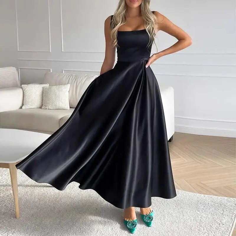 Serena | Elegant A-line satin midi dress with spaghetti straps 0