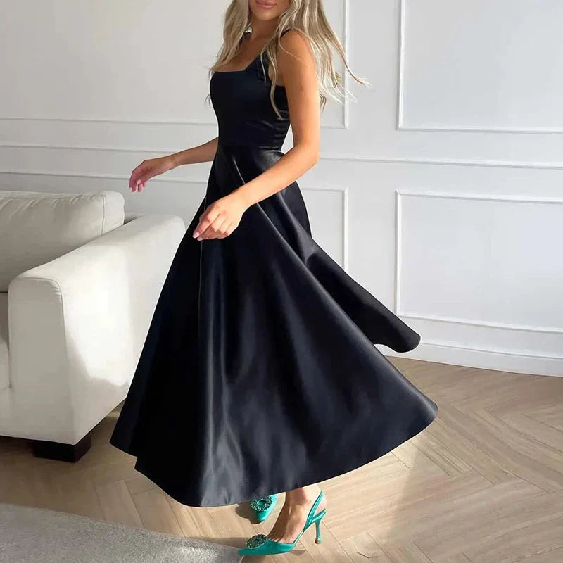 Serena | Elegant A-line satin midi dress with spaghetti straps 2