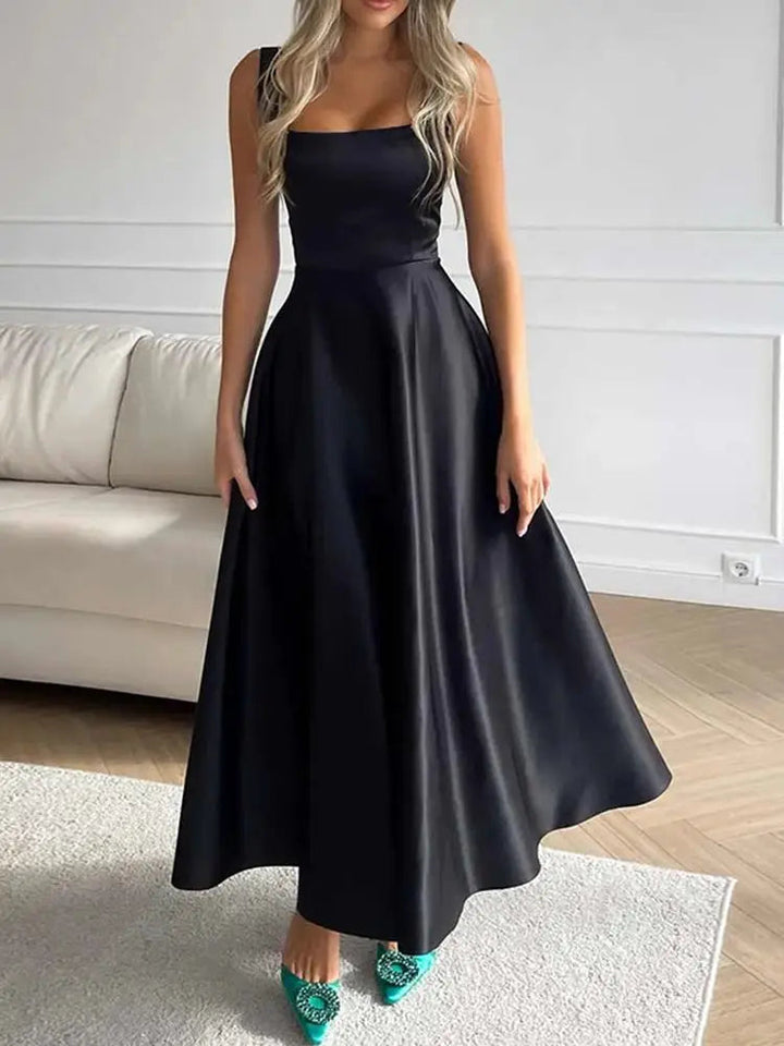 Serena | Elegant A-line satin midi dress with spaghetti straps 3