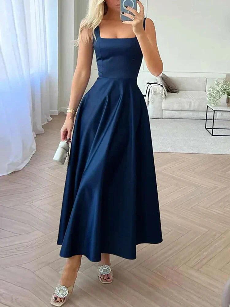 Serena | Elegant A-line satin midi dress with spaghetti straps 4