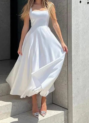 Serena | Elegant A-line satin midi dress with spaghetti straps 7