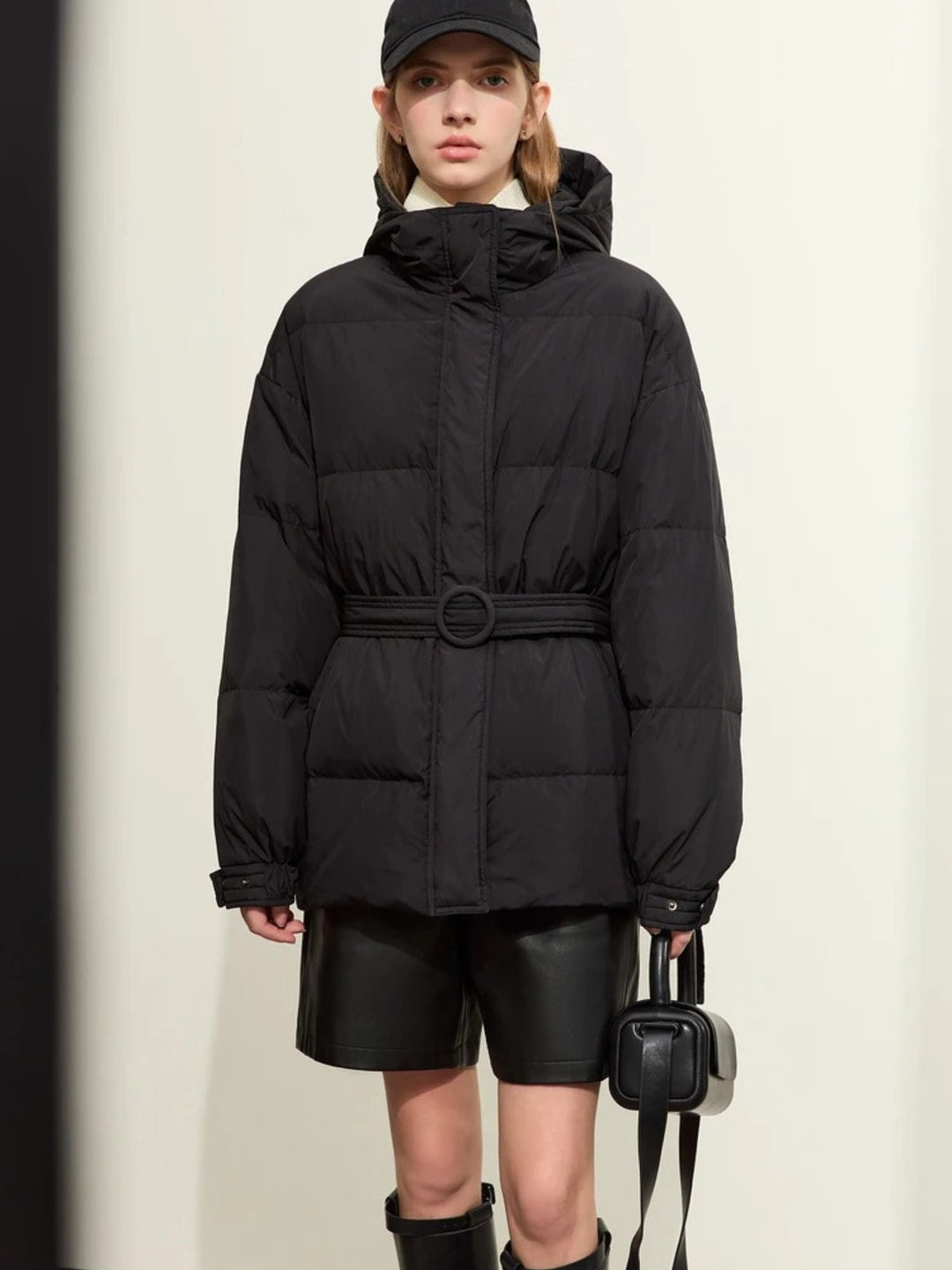 Thick hooded padded down jacket with belt 0
