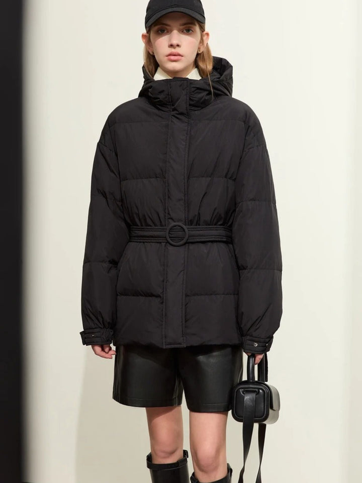 Thick hooded padded down jacket with belt 0