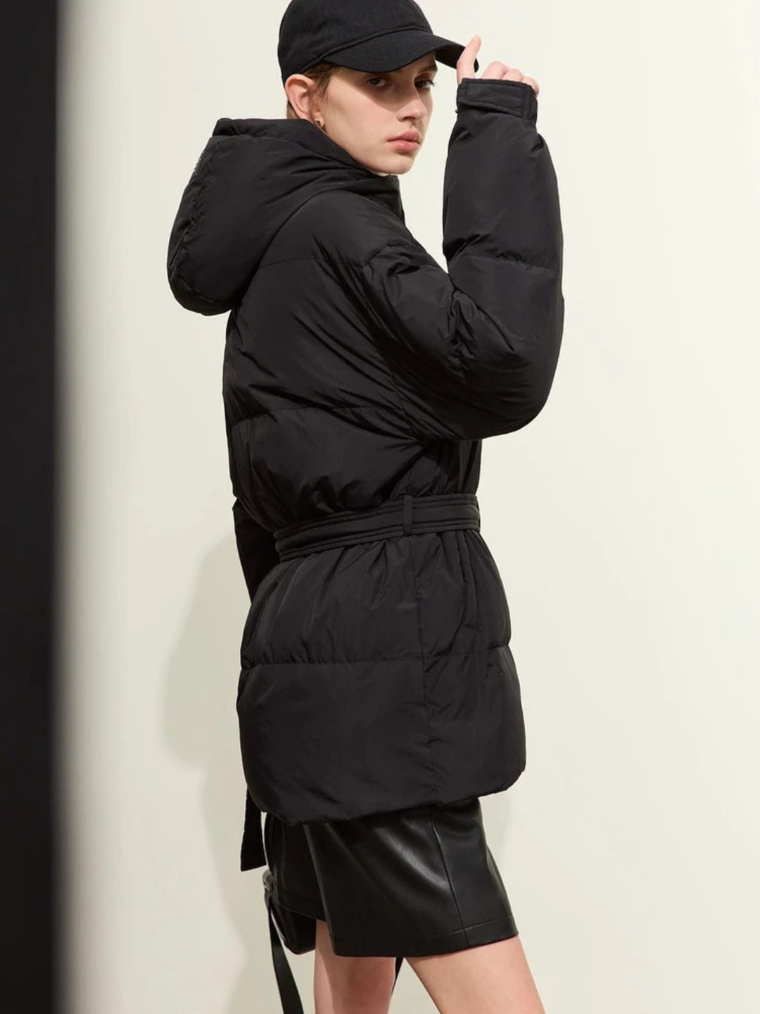 Thick hooded padded down jacket with belt 1
