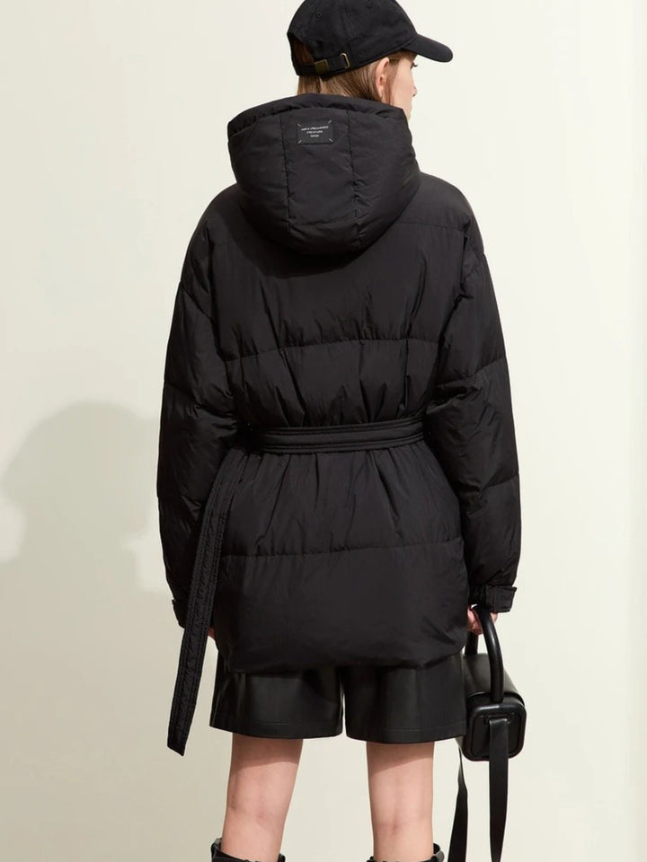 Thick hooded padded down jacket with belt 2