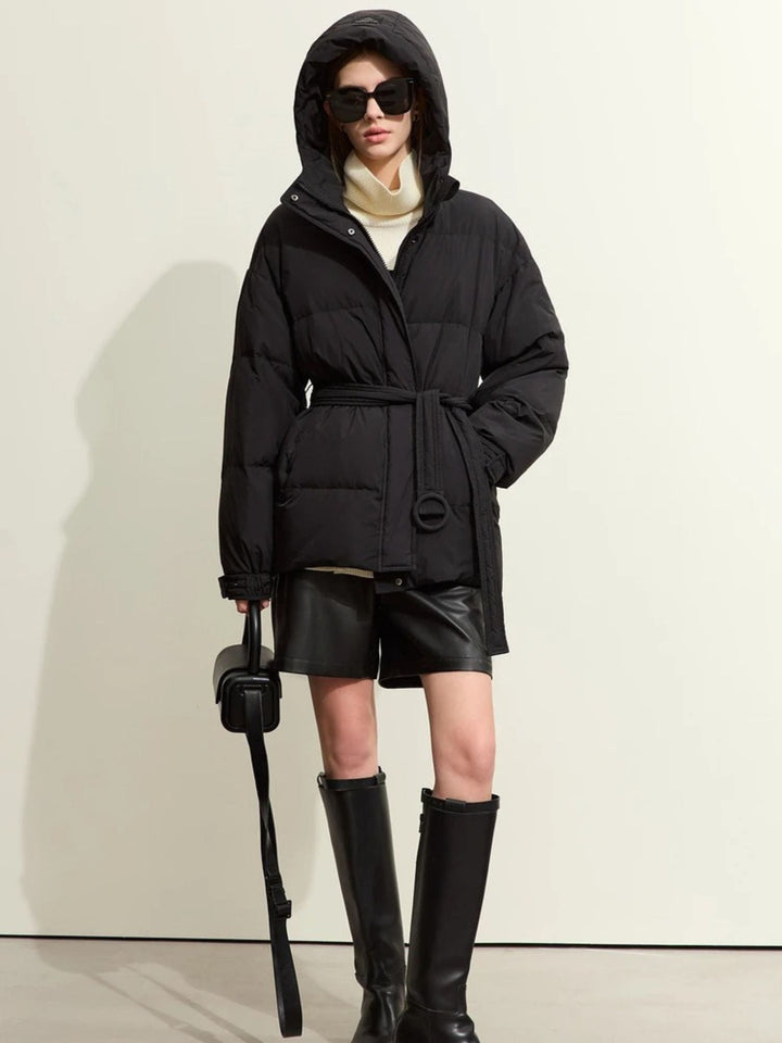 Thick hooded padded down jacket with belt 3