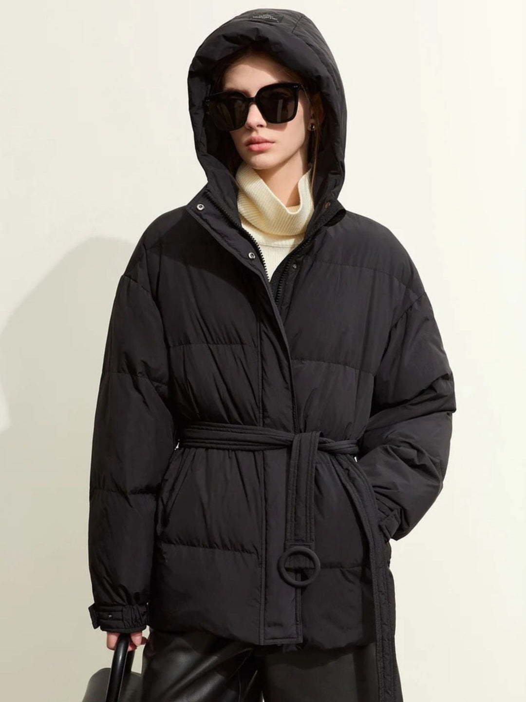 Thick hooded padded down jacket with belt 4