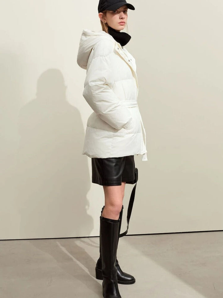 Thick hooded padded down jacket with belt 6