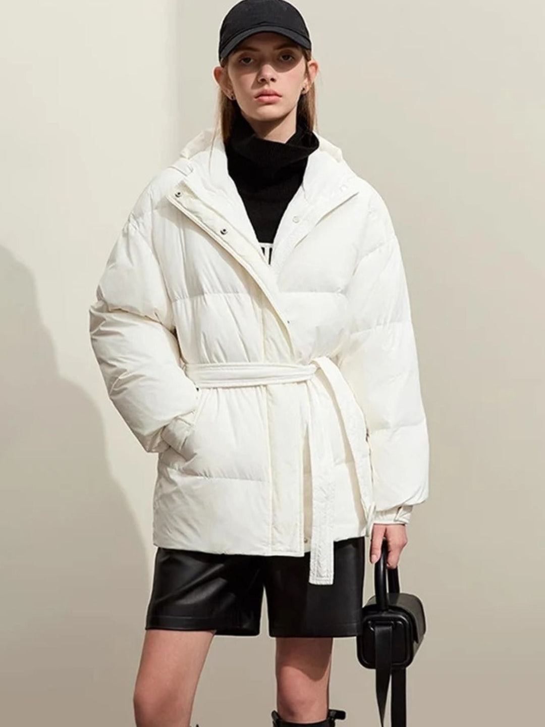 Thick hooded padded down jacket with belt 7