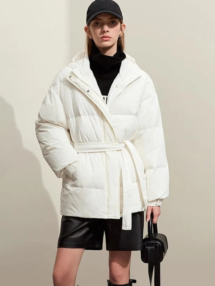 Thick hooded padded down jacket with belt 7