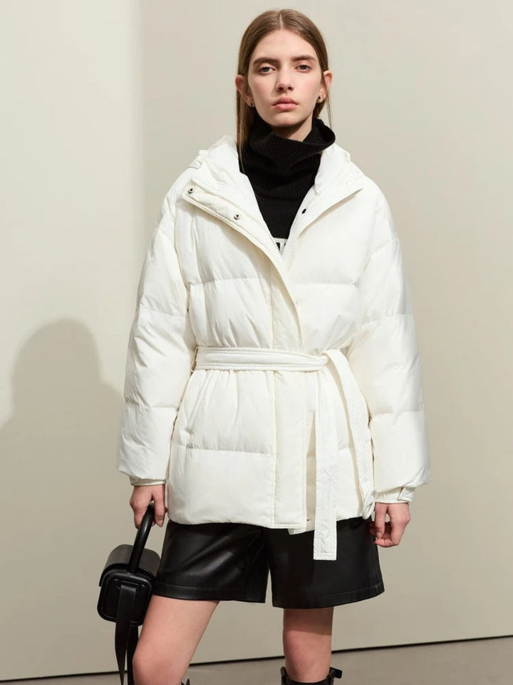 Thick hooded padded down jacket with belt 8