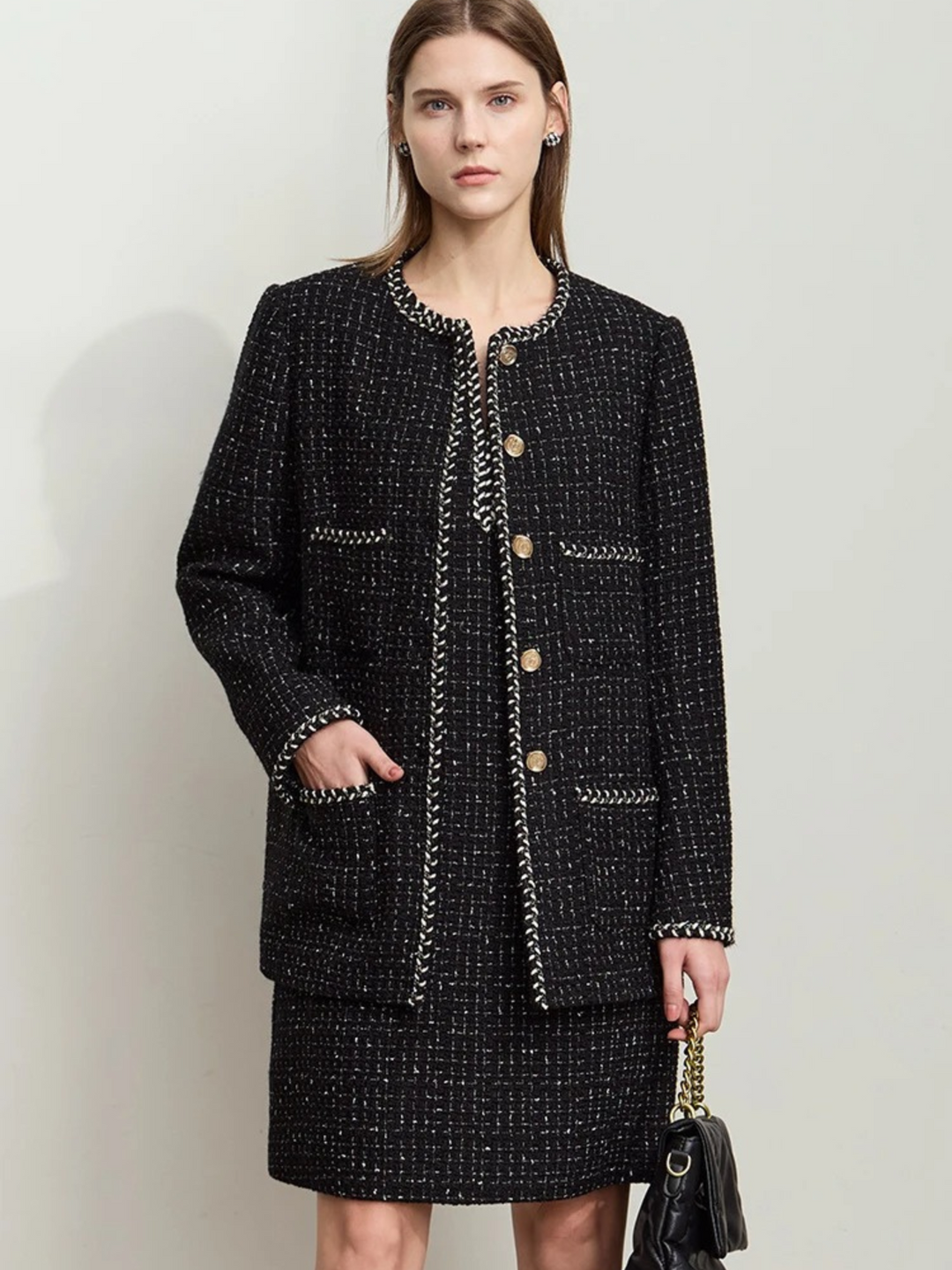 Tweed wool jacket with strap details 0