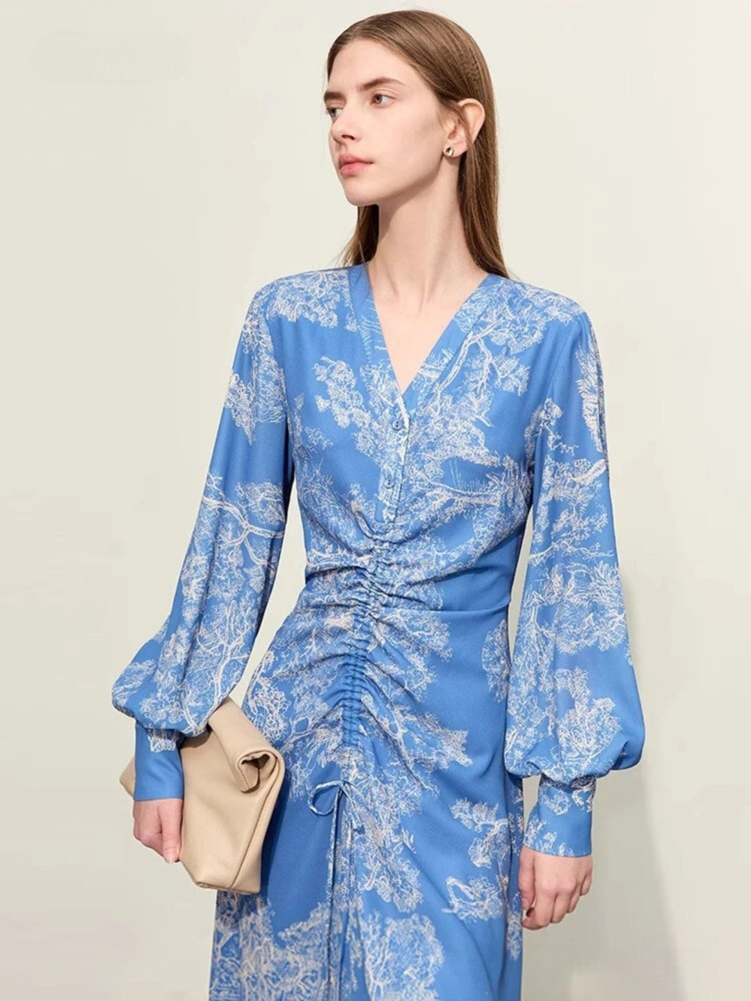 V-neck chiffon dress with drawstring and lantern sleeves 1