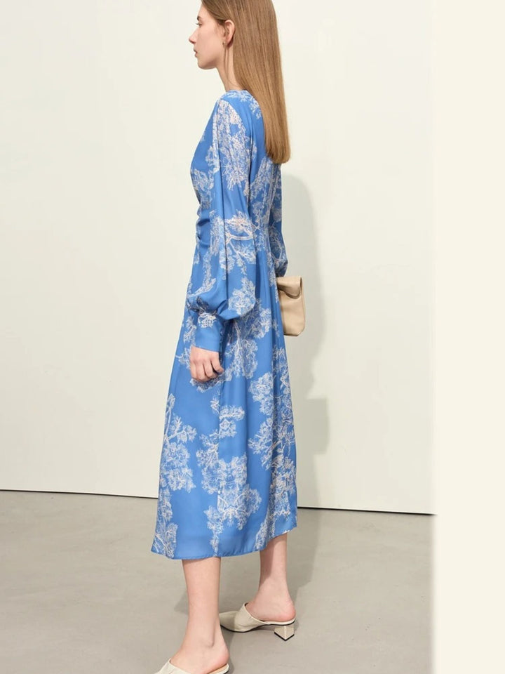 V-neck chiffon dress with drawstring and lantern sleeves 2