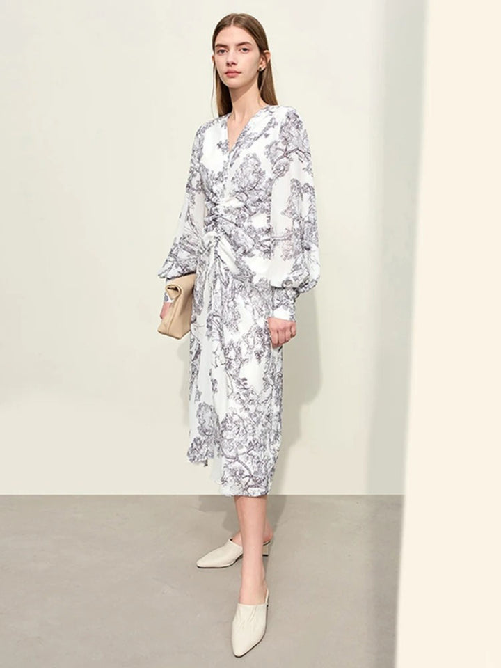 V-neck chiffon dress with drawstring and lantern sleeves 7