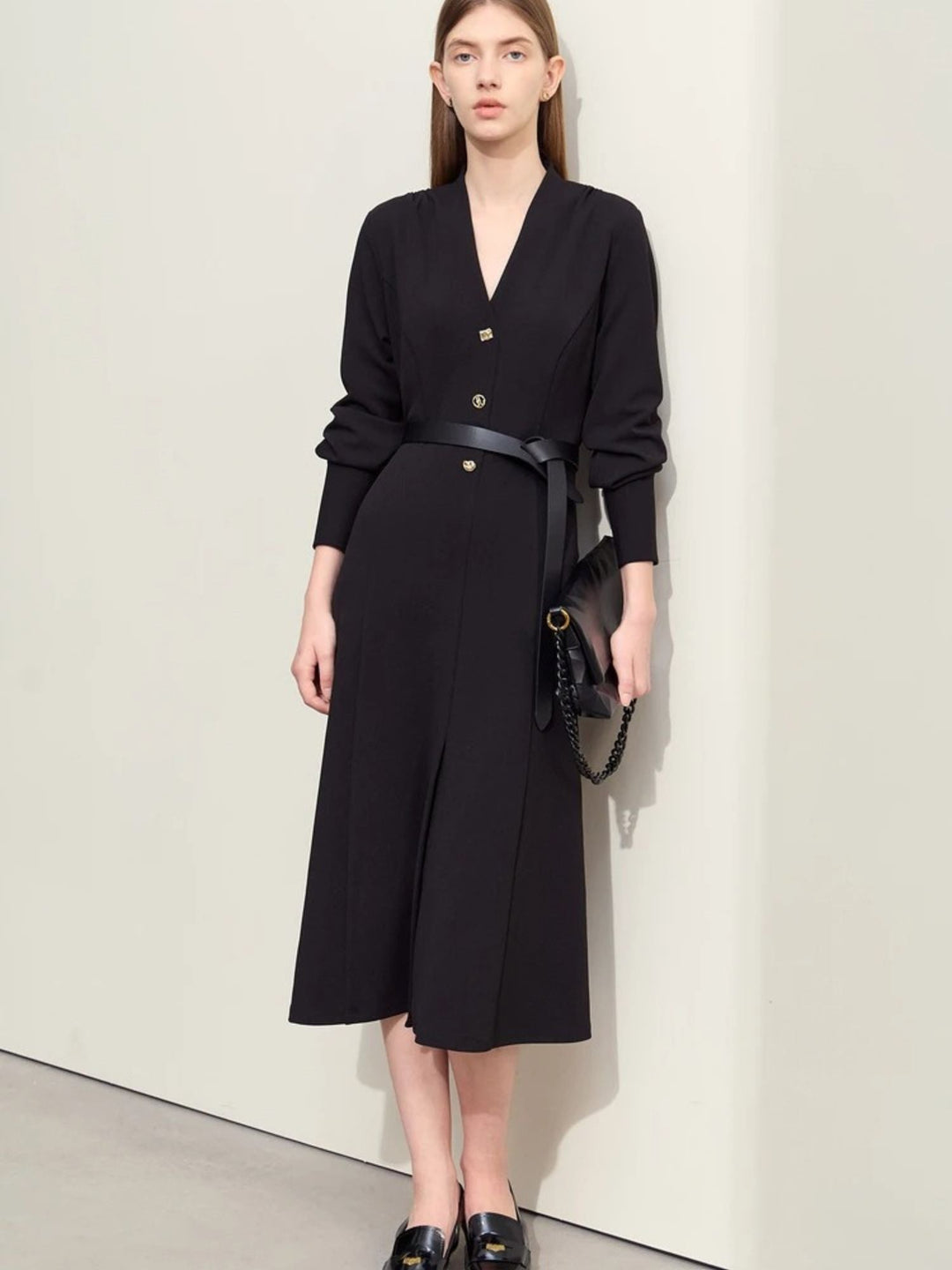 V-neck mid-calf dress with wrap sleeves 0